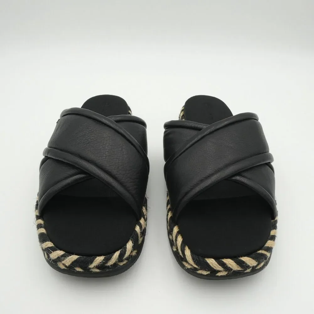 Tory Burch Criss Cross Women's 8 Leather Espadrille Slide Sandals Black Leather